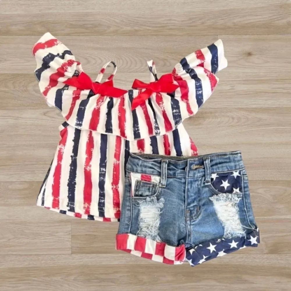 Stars and Stripes Distressed Denim Short Set 3XS (6-12 months) 4th of July Girls